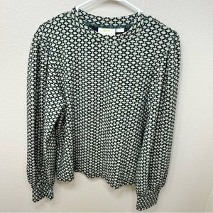 Maeve By Anthropologie Patterned Green Top Long Sleeve Size Large Bohemian Style